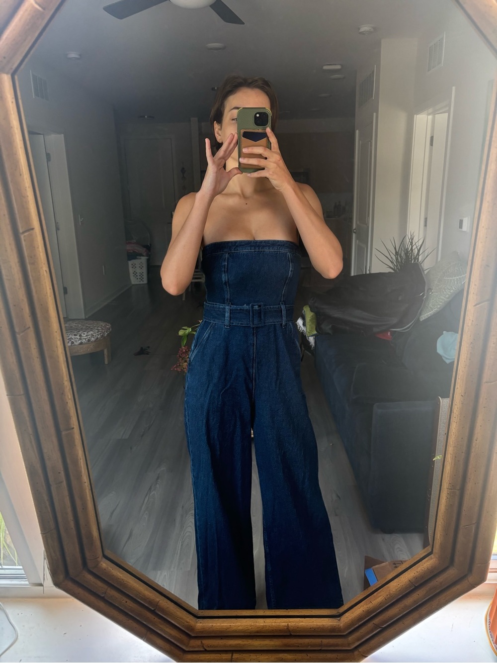 Reformation Strapless Dark Blue Denim Jumpsuit
